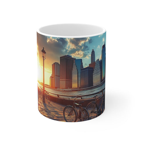 "New York Skyline Sunset Mug: Sip in the City's Golden Glow"