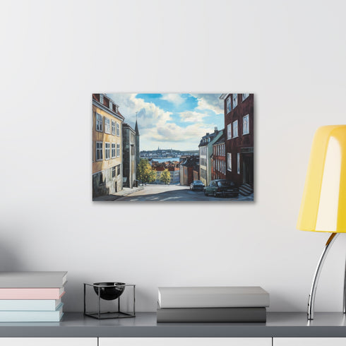 Vibrant Oslo cityscape canvas art 18" x 12" for Scandinavian charm.