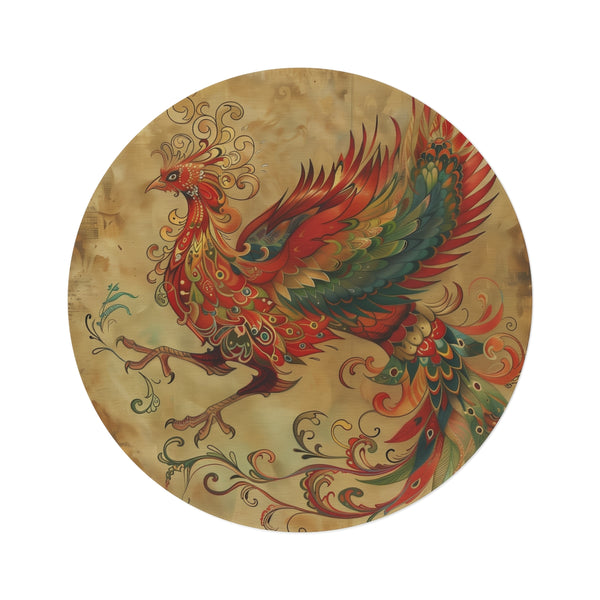 "Phoenix Feather Round Rug: Majestic Mythical Design"