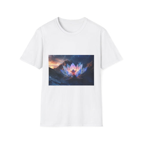 Plasma Lotus Blooming on Mountain Graphic Unisex Softstyle T-Shirt - Front View