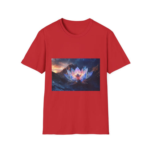 Plasma Lotus Blooming on Mountain Graphic Unisex Softstyle T-Shirt - Red Variant