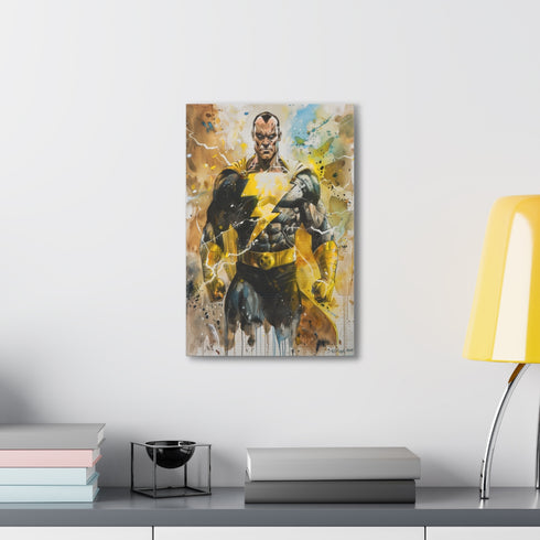Powerful black Adam canvas print, 18" x 12", striking design.