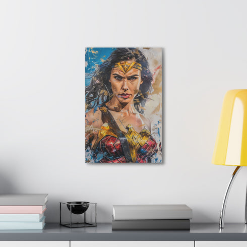 Powerful woman canvas print featuring Wonder Woman in action pose.