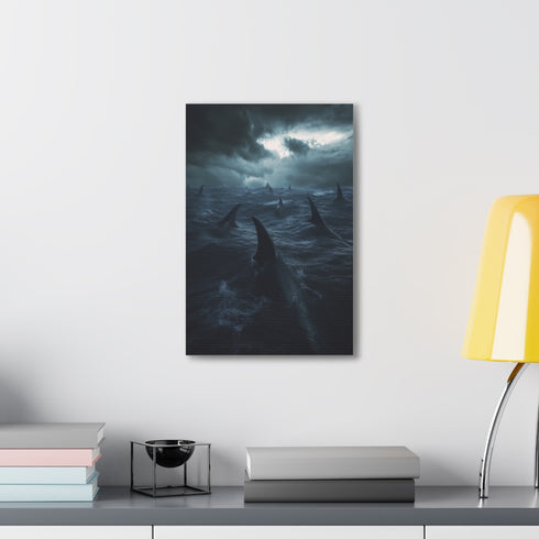 Shark fins canvas art in mysterious deep sea darkness.