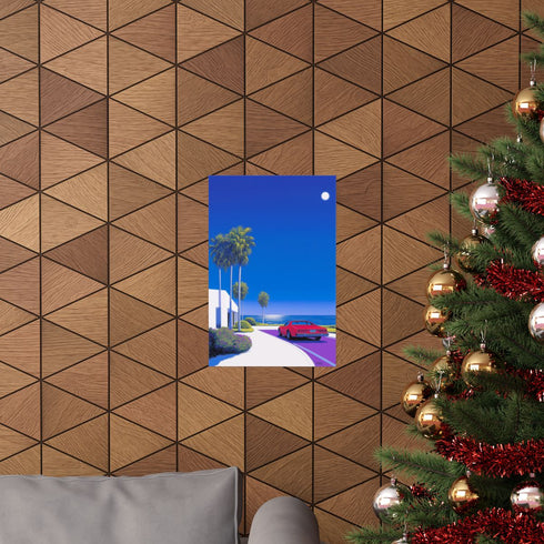 Pastel coastal city poster with ocean views for Valentine's Day.