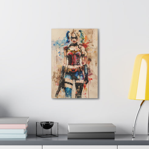 Colorful Harley Quinn portrait canvas print for rebellious DC fans.