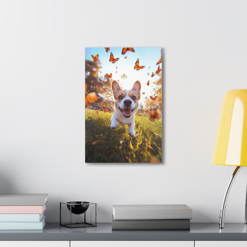 Playful puppy chasing butterflies canvas wall art, 18" x 12" dimensions.