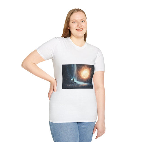 Quantum Fox Behind Waterfall Portal Graphic Unisex Softstyle T-Shirt - Model View