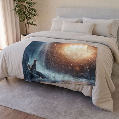 Quantum Fox Behind Waterfall Portal Plush Fleece Throw Blanket