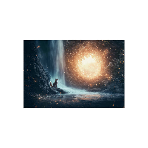 "Quantum Fox Behind Waterfall Portal"