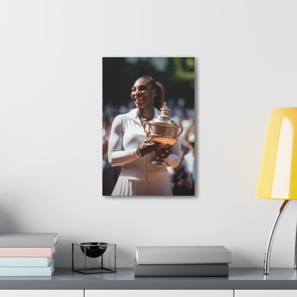 Serena Williams canvas art - powerful and graceful tennis victory theme.