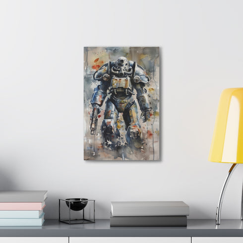 Vibrant watercolor art print featuring Fallout power armor on canvas.