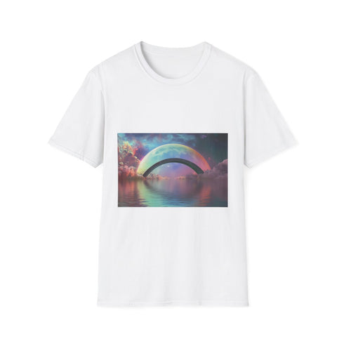 Rainbow Bridge Between Two Planets Graphic Unisex Softstyle T-Shirt - Front View