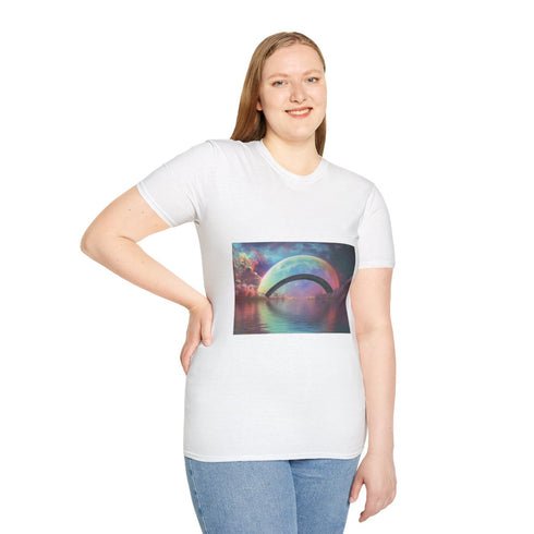 Rainbow Bridge Between Two Planets Graphic Unisex Softstyle T-Shirt - Model View