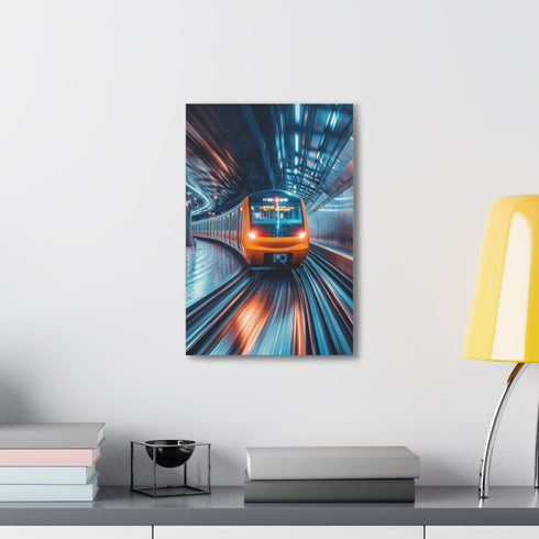 Abstract train in motion canvas art for home decor enthusiasts.