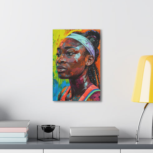Vibrant canvas print of rising tennis star Coco Gauff inspires motivation.