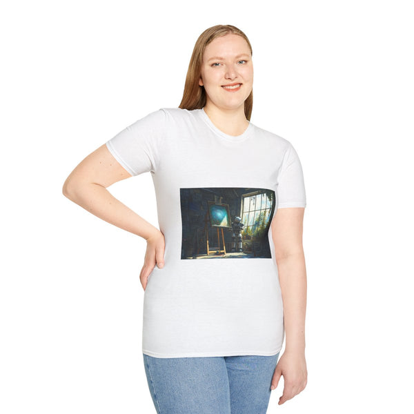Robot Artist Painting Dreams Graphic Unisex Softstyle T-Shirt - Model View