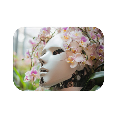 Robot Face Orchid Bloom Bath Mat