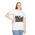 Robot Playing Violin in Ruins Graphic Unisex Softstyle T-Shirt - Model View