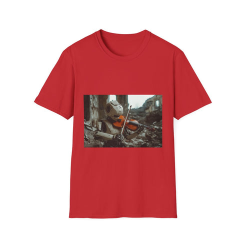 Robot Playing Violin in Ruins Graphic Unisex Softstyle T-Shirt - Red Variant