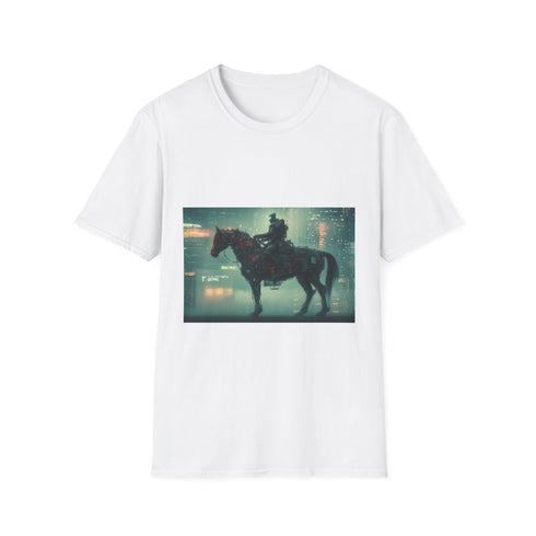 Robotic Centaur in Data Storm Graphic Unisex Softstyle T-Shirt - Front View