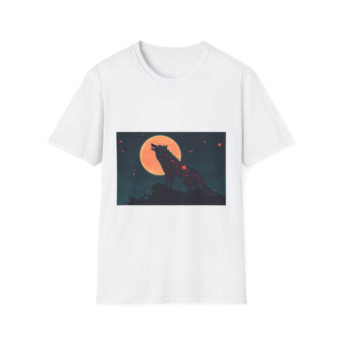 Robotic Wolf Howling at Circuit Moon Graphic Unisex Softstyle T-Shirt - Front View