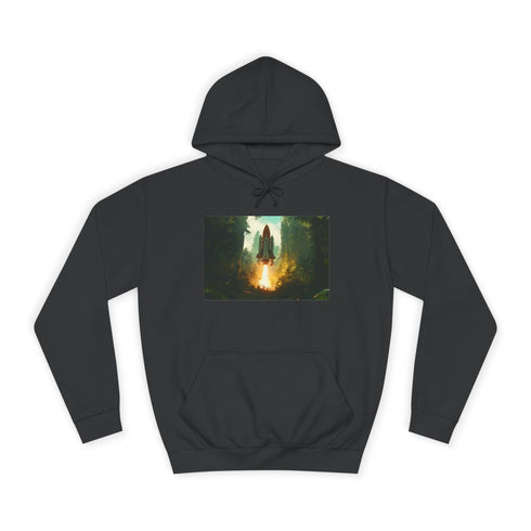 Rocket Launching from Jungle Platform Graphic Unisex College Hoodie - Jet Black Front