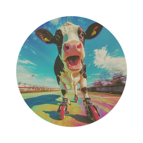 "Rollerblading Cow Round Rug: Whimsical and Playful Home Décor"