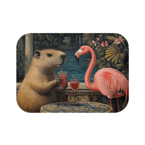 "Roof-Top Wild Side Bath Mat: Capybara and Flamingo Fun!"