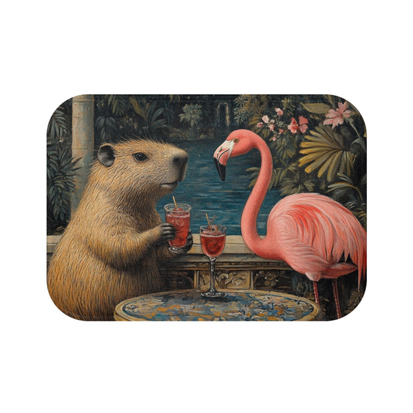 "Roof-Top Wild Side Bath Mat: Capybara and Flamingo Fun!"