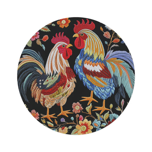 "Rooster Duo Round Rug: Vibrant, Colorful Design"
