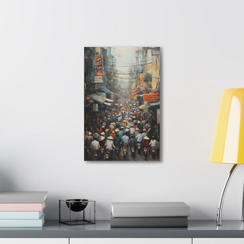 Vibrant canvas print depicting rush hour in bustling Hanoi cityscape.