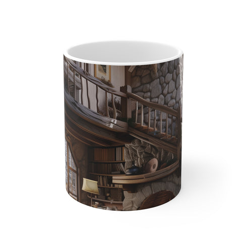 "Rustic Mountain Cabin Coffee Mug: Escape to Wilderness"