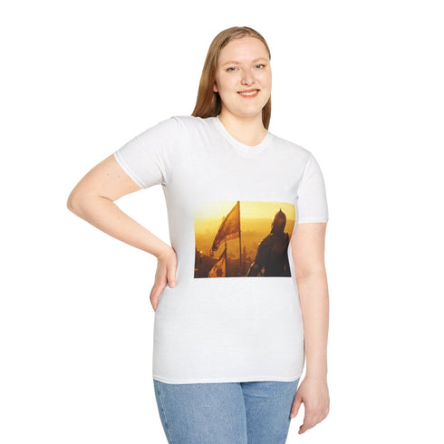 Saladin in Armor Overlooking Jerusalem, Graphic Unisex Softstyle T-Shirt - Model View