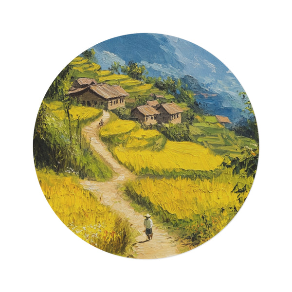 "Sapa Countryside Round Rug: Hand-Painted Beauty"