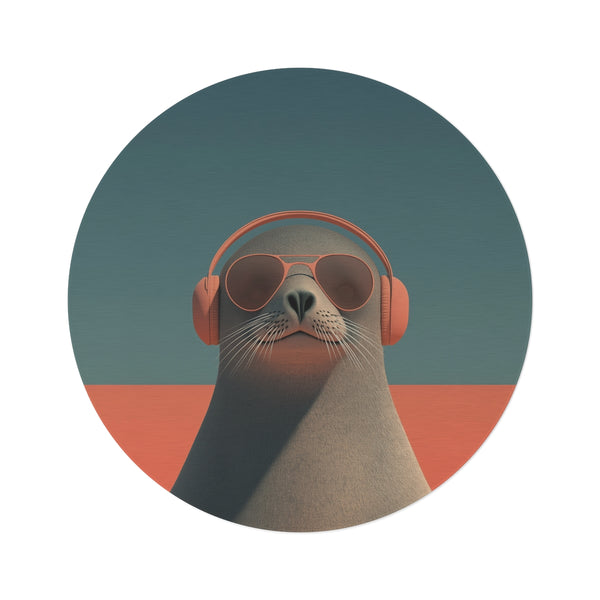 "Seal Beats Round Rug: Symmetrical Portrait"