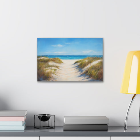 Serene beach path canvas print, tranquil paradise escape, warm sands.