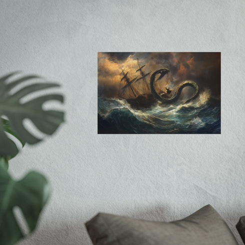 Ship Battles Kraken in Storm