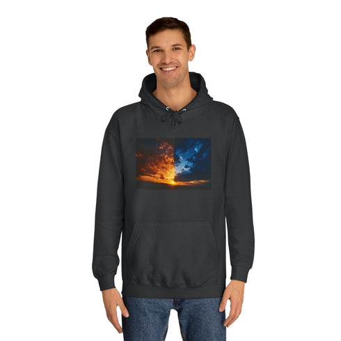 Sky Split Into Day and Night Graphic Unisex College Hoodie - Lifestyle Model View