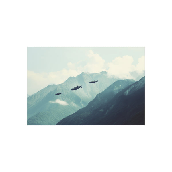"Sky Whales Swimming Mountains Scene"