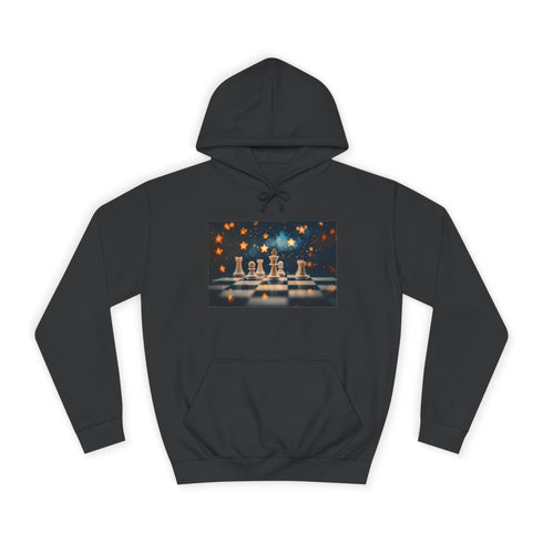Skybound Chessboard with Star Pieces Graphic Unisex College Hoodie - Jet Black Front