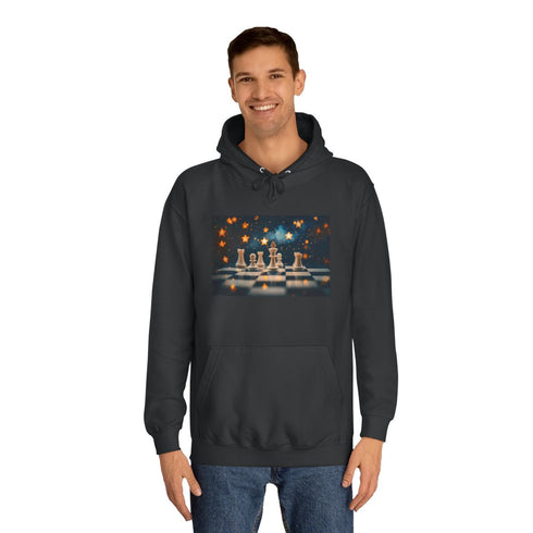 Skybound Chessboard with Star Pieces Graphic Unisex College Hoodie - Lifestyle Model View