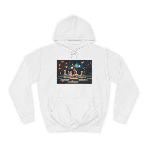 Skybound Chessboard with Star Pieces Graphic Unisex College Hoodie - Arctic White Front