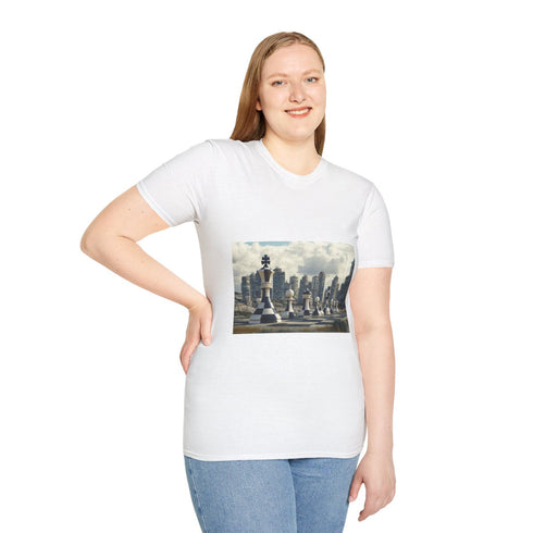 Skyscrapers Shaped Like Chess Pieces Graphic Unisex Softstyle T-Shirt - Model View