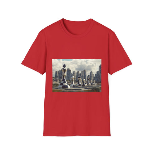 Skyscrapers Shaped Like Chess Pieces Graphic Unisex Softstyle T-Shirt - Red Variant