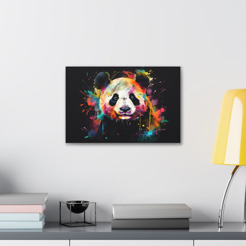 Watercolor portrait of a happy panda on canvas for home decor.