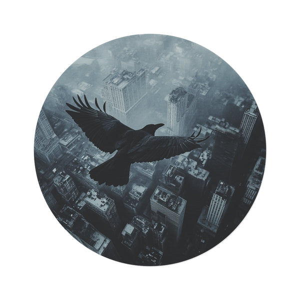 "Solitary Crow Rug: Desolate Cityscape"