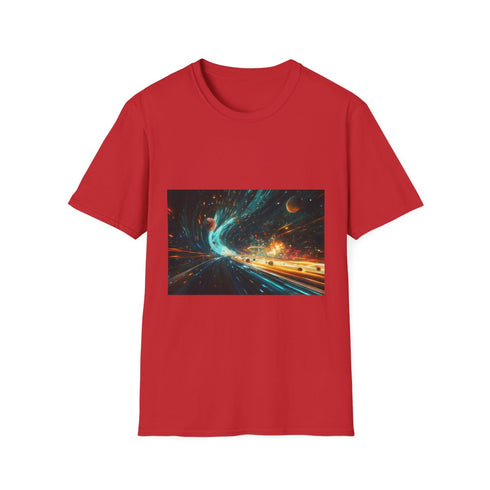 Space Highway with Comet Traffic Graphic Unisex Softstyle T-Shirt - Red Variant