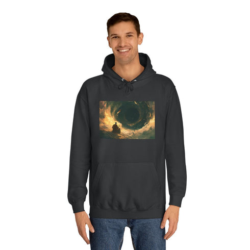 Space Monk Chanting Inside Black Hole Graphic Unisex College Hoodie - Lifestyle Model View