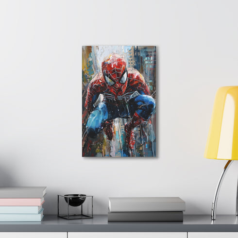 Spider-Man swinging city canvas art for superhero fans, 18" x 12"